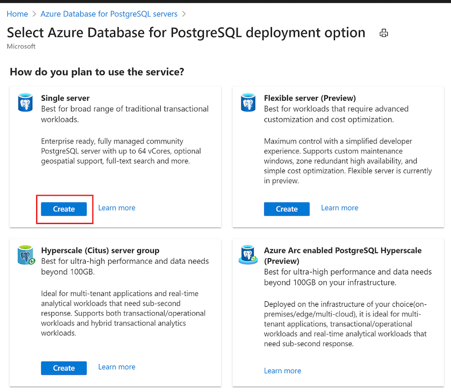 Creating a new PostgreSQL Server