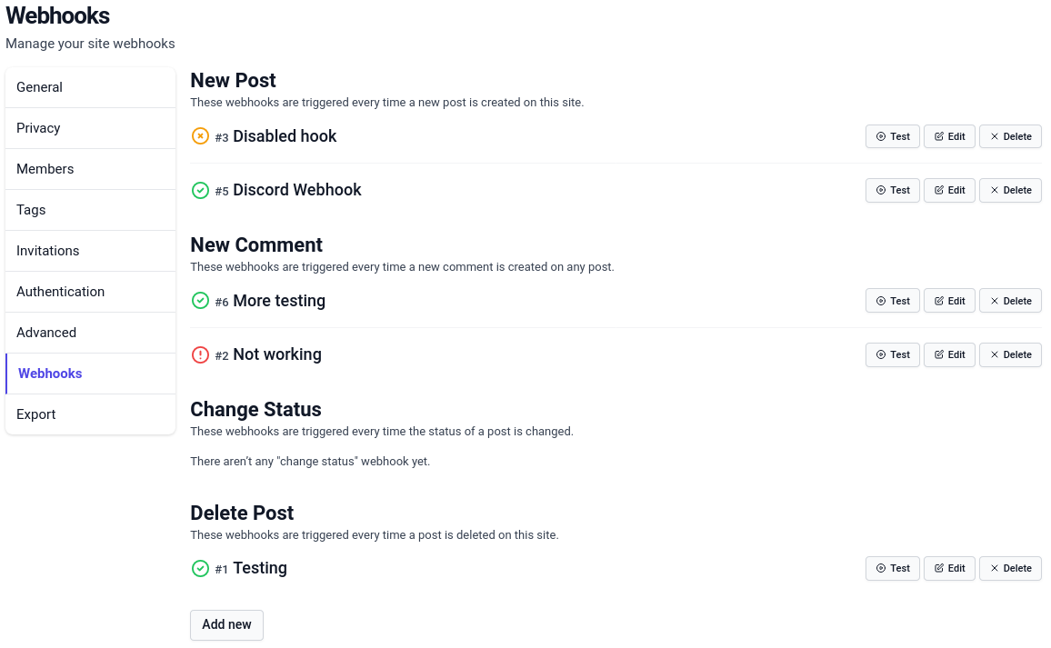 The Webhooks admin control panel